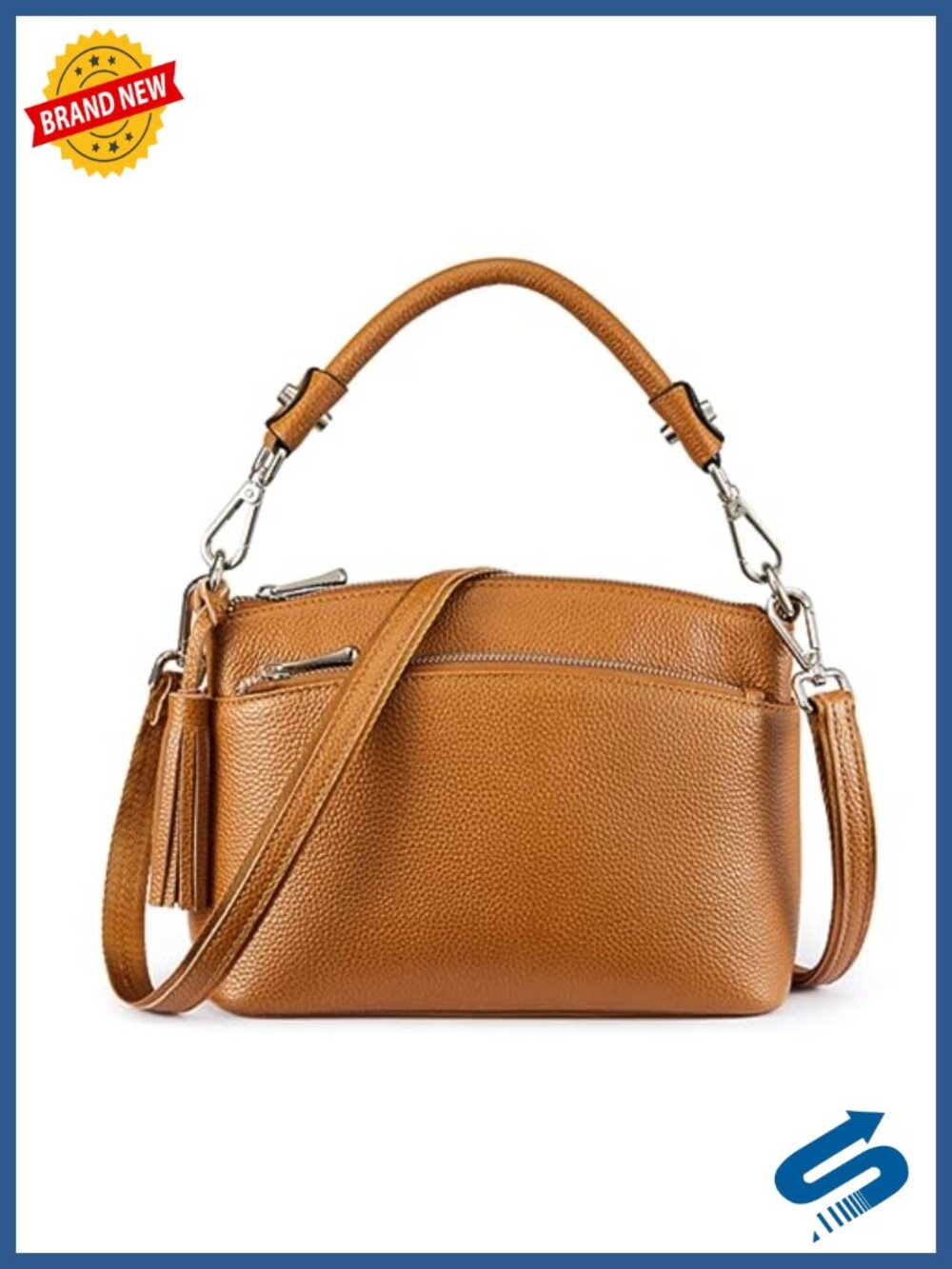 Genuine Top Grain Leather Crossbody Handbag with Detachable Straps, Fits Tablet